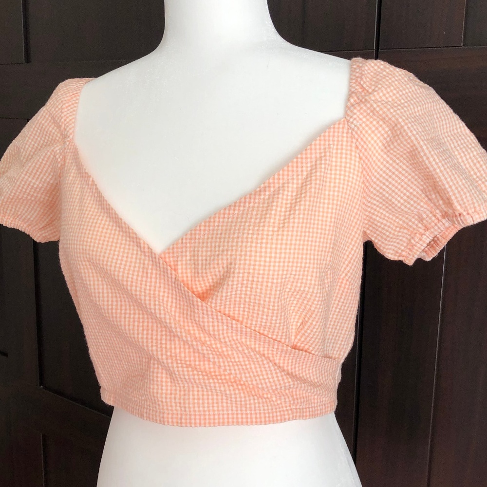 Wrap Off Shoulder Gingham Peach Top